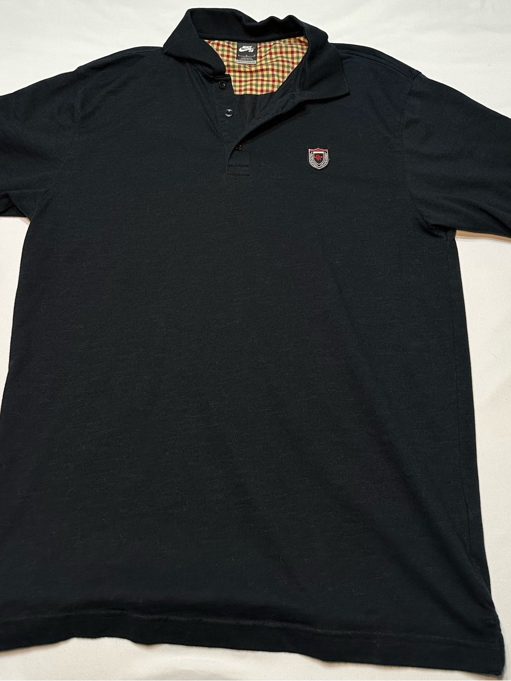 Vintage Nike SB Black Polo Shirt Plaid Collar Crest Logo Men's Large